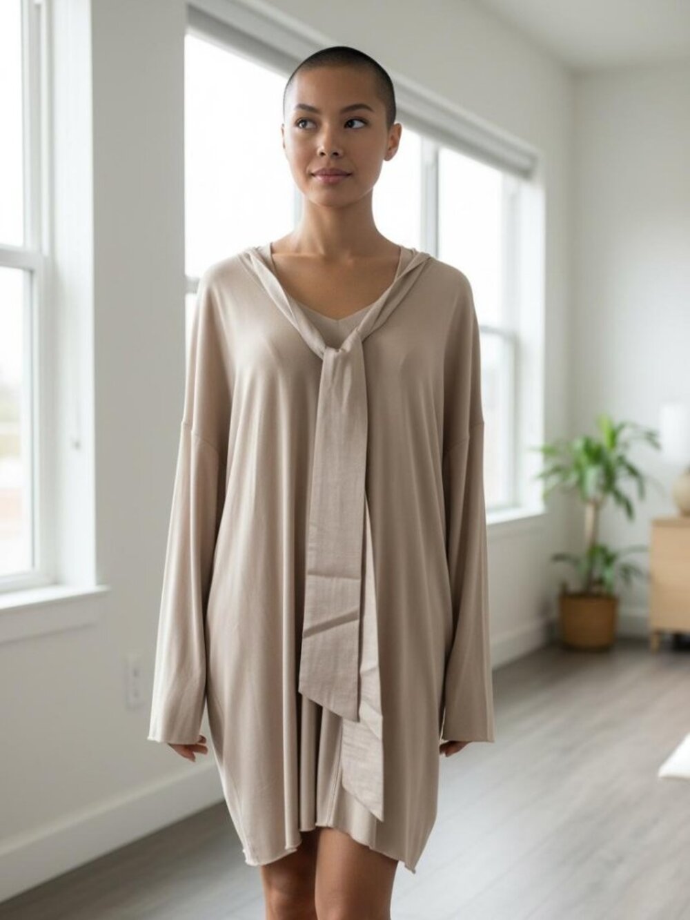 Ioanna Kourbela Oversized Draped Tunic Dress Beige Tie Neck Minimalist OS Fit - Picture 4 of 6